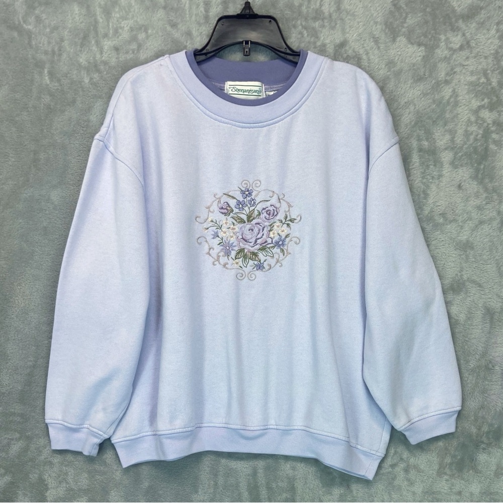Vintage 80s 90s Sweatshirt Pullover Floral Embroidered Fairy Pastel SzM Lavender